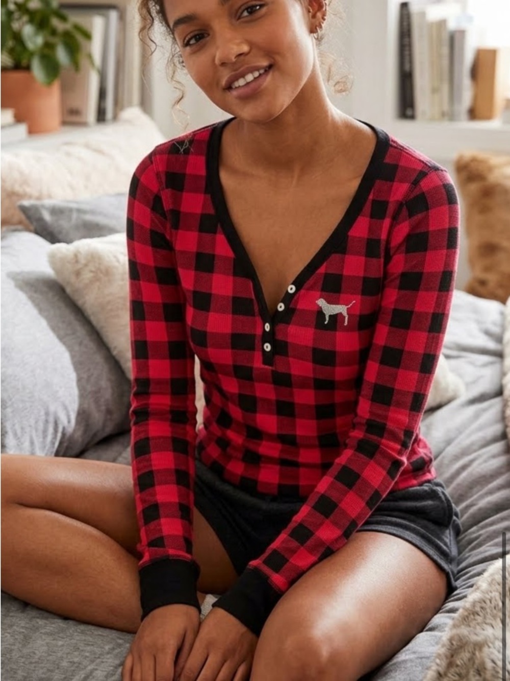 PINK Victoria's Secret Red & Black Buffalo Plaid Henley Pajama Top